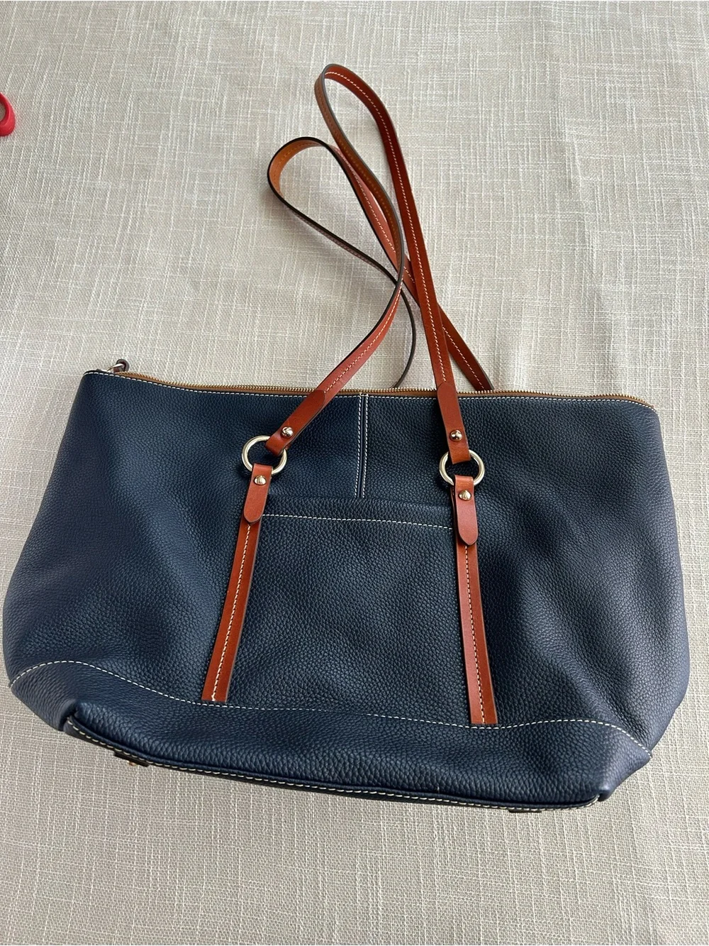 Dooney & Bourke Navy Leather Tote with Brown Trim and Straps